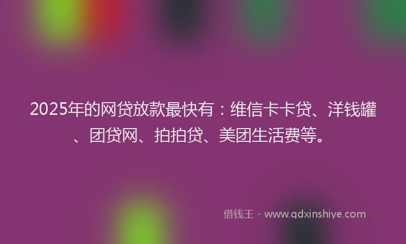 2025年的网贷放款最快有：维信卡卡贷、洋钱罐、团贷网、拍拍贷、美团生活费等。