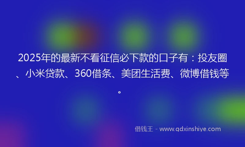 2025年的最新不看征信必下款的口子有：投友圈、小米贷款、360借条、美团生活费、微博借钱等。