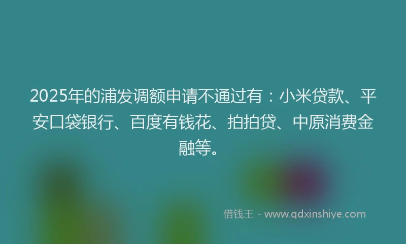2025年的浦发调额申请不通过有：小米贷款、平安口袋银行、百度有钱花、拍拍贷、中原消费金融等。