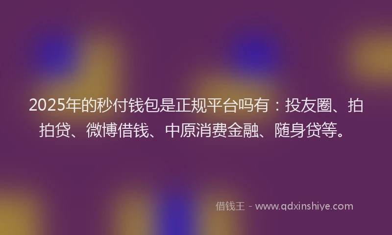 2025年的秒付钱包是正规平台吗有：投友圈、拍拍贷、微博借钱、中原消费金融、随身贷等。