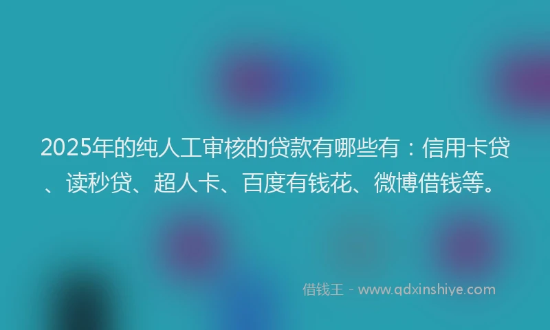 2025年的纯人工审核的贷款有哪些有：信用卡贷、读秒贷、超人卡、百度有钱花、微博借钱等。
