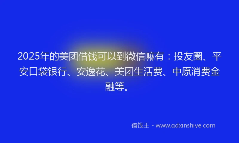 2025年的美团借钱可以到微信嘛有：投友圈、平安口袋银行、安逸花、美团生活费、中原消费金融等。