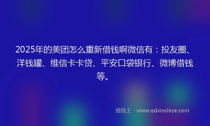 2025年的美团怎么重新借钱啊微信有：投友圈、洋钱罐、维信卡卡贷、平安口袋银行、微博借钱等。