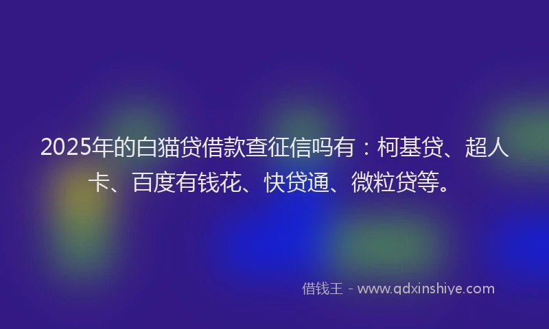 2025年的白猫贷借款查征信吗有：柯基贷、超人卡、百度有钱花、快贷通、微粒贷等。