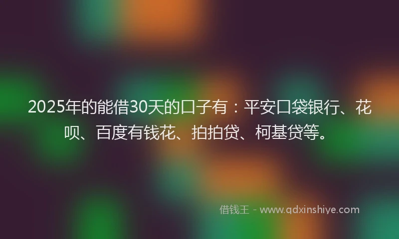 2025年的能借30天的口子有：平安口袋银行、花呗、百度有钱花、拍拍贷、柯基贷等。