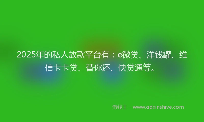 2025年的私人放款平台有：e微贷、洋钱罐、维信卡卡贷、替你还、快贷通等。