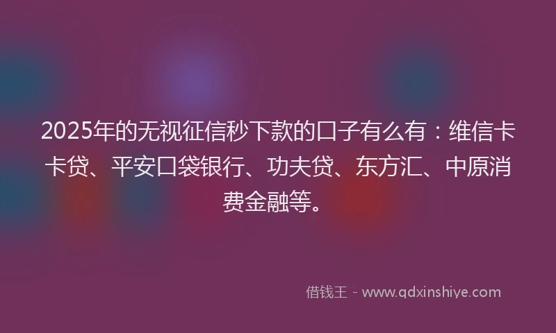 2025年的无视征信秒下款的口子有么有：维信卡卡贷、平安口袋银行、功夫贷、东方汇、中原消费金融等。