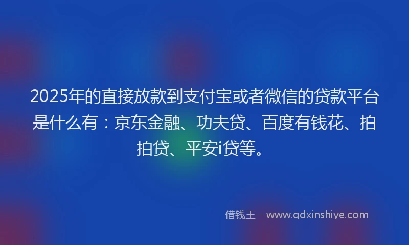 2025年的直接放款到支付宝或者微信的贷款平台是什么有：京东金融、功夫贷、百度有钱花、拍拍贷、平安i贷等。
