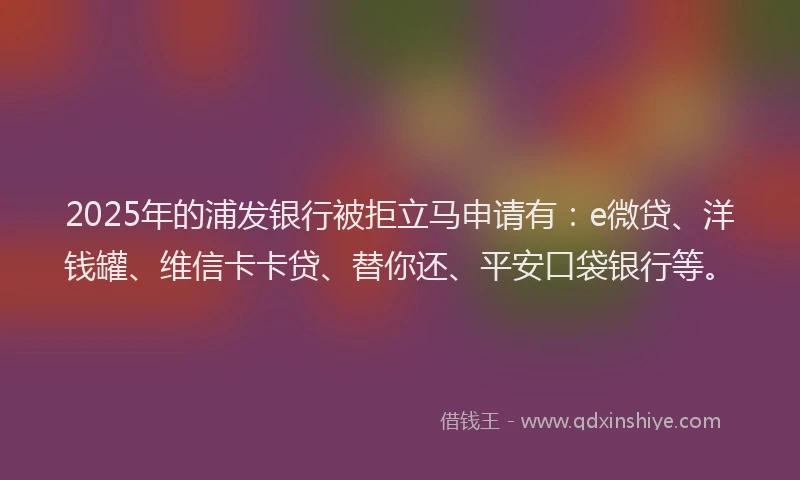 2025年的浦发银行被拒立马申请有：e微贷、洋钱罐、维信卡卡贷、替你还、平安口袋银行等。