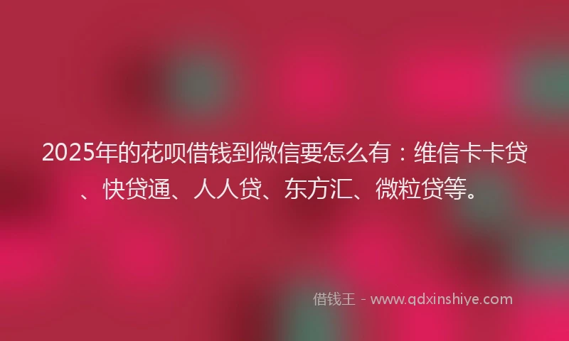 2025年的花呗借钱到微信要怎么有：维信卡卡贷、快贷通、人人贷、东方汇、微粒贷等。