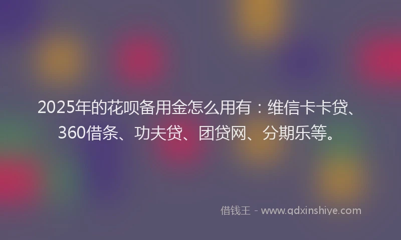 2025年的花呗备用金怎么用有：维信卡卡贷、360借条、功夫贷、团贷网、分期乐等。