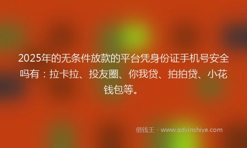 2025年的无条件放款的平台凭身份证手机号安全吗有：拉卡拉、投友圈、你我贷、拍拍贷、小花钱包等。