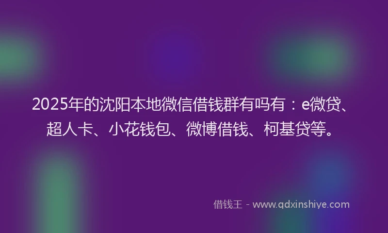 2025年的沈阳本地微信借钱群有吗有：e微贷、超人卡、小花钱包、微博借钱、柯基贷等。