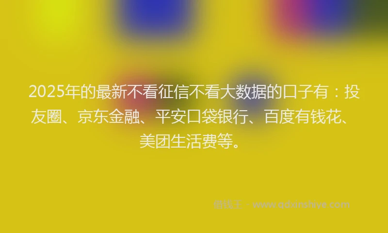 2025年的最新不看征信不看大数据的口子有：投友圈、京东金融、平安口袋银行、百度有钱花、美团生活费等。