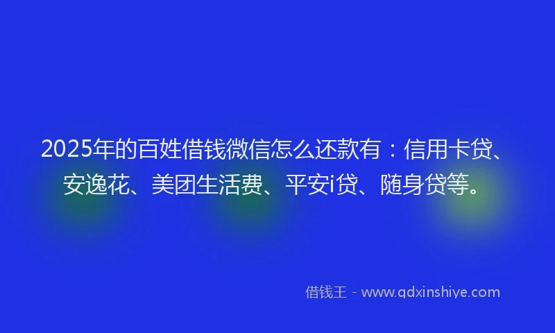 2025年的百姓借钱微信怎么还款有：信用卡贷、安逸花、美团生活费、平安i贷、随身贷等。