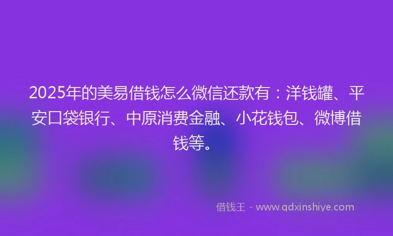 2025年的美易借钱怎么微信还款有：洋钱罐、平安口袋银行、中原消费金融、小花钱包、微博借钱等。