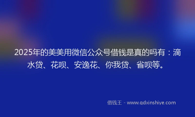 2025年的美美用微信公众号借钱是真的吗有：滴水贷、花呗、安逸花、你我贷、省呗等。