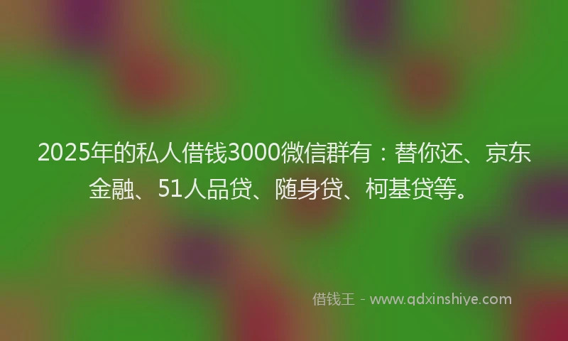 2025年的私人借钱3000微信群有：替你还、京东金融、51人品贷、随身贷、柯基贷等。