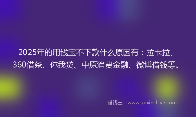 2025年的用钱宝不下款什么原因有：拉卡拉、360借条、你我贷、中原消费金融、微博借钱等。