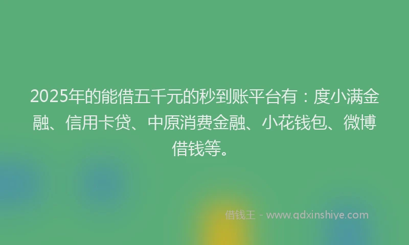 2025年的能借五千元的秒到账平台有：度小满金融、信用卡贷、中原消费金融、小花钱包、微博借钱等。