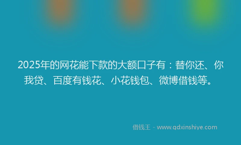 2025年的网花能下款的大额口子有：替你还、你我贷、百度有钱花、小花钱包、微博借钱等。