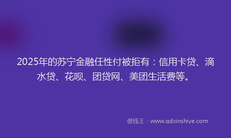 2025年的苏宁金融任性付被拒有：信用卡贷、滴水贷、花呗、团贷网、美团生活费等。