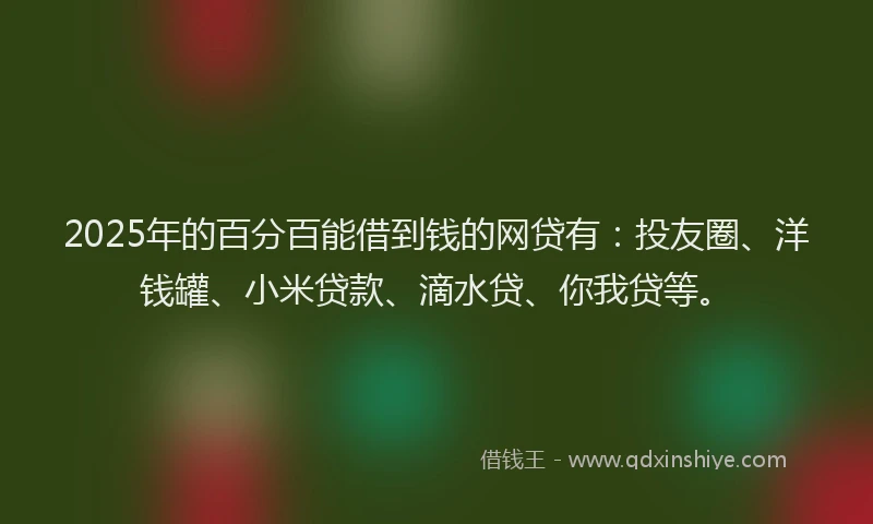 2025年的百分百能借到钱的网贷有：投友圈、洋钱罐、小米贷款、滴水贷、你我贷等。