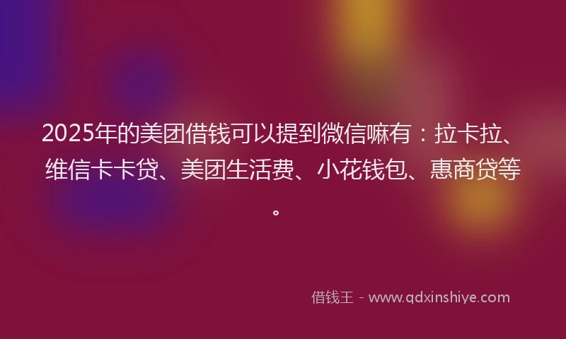 2025年的美团借钱可以提到微信嘛有：拉卡拉、维信卡卡贷、美团生活费、小花钱包、惠商贷等。