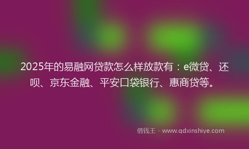 2025年的易融网贷款怎么样放款有：e微贷、还呗、京东金融、平安口袋银行、惠商贷等。