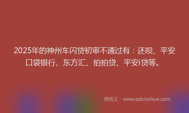 2025年的神州车闪贷初审不通过有：还呗、平安口袋银行、东方汇、拍拍贷、平安i贷等。