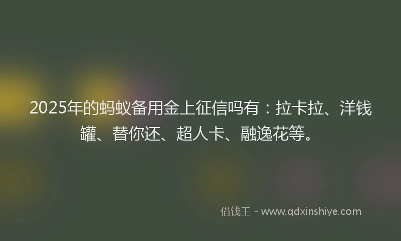 2025年的蚂蚁备用金上征信吗有：拉卡拉、洋钱罐、替你还、超人卡、融逸花等。