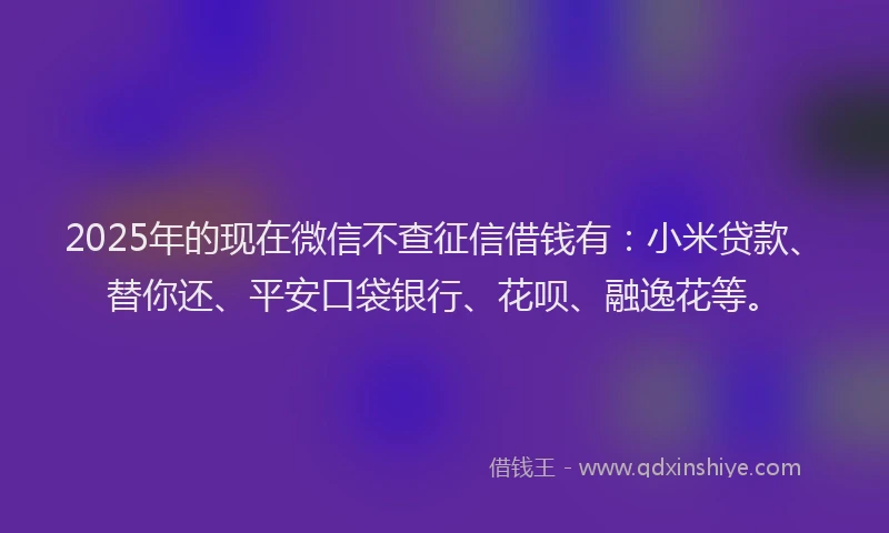 2025年的现在微信不查征信借钱有：小米贷款、替你还、平安口袋银行、花呗、融逸花等。