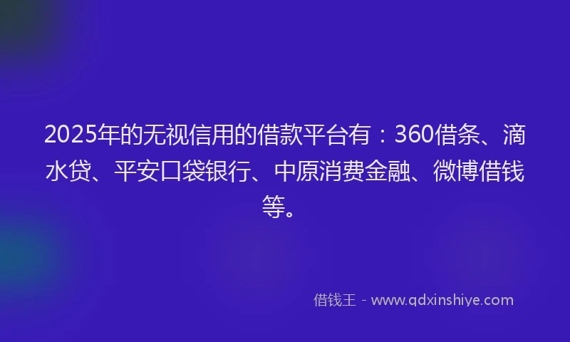2025年的无视信用的借款平台有：360借条、滴水贷、平安口袋银行、中原消费金融、微博借钱等。