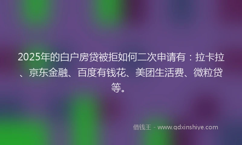 2025年的白户房贷被拒如何二次申请有：拉卡拉、京东金融、百度有钱花、美团生活费、微粒贷等。