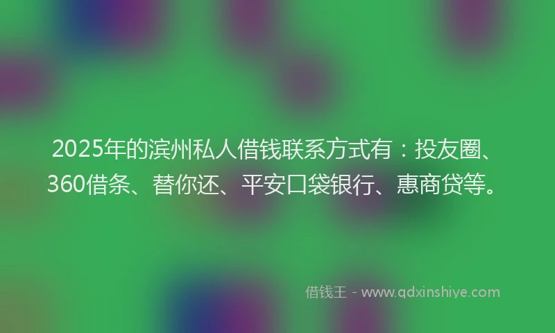 2025年的滨州私人借钱联系方式有：投友圈、360借条、替你还、平安口袋银行、惠商贷等。