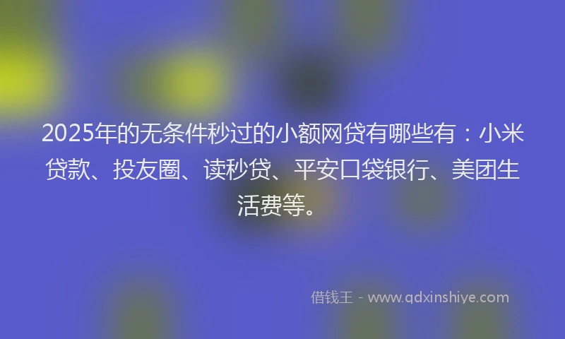 2025年的无条件秒过的小额网贷有哪些有：小米贷款、投友圈、读秒贷、平安口袋银行、美团生活费等。