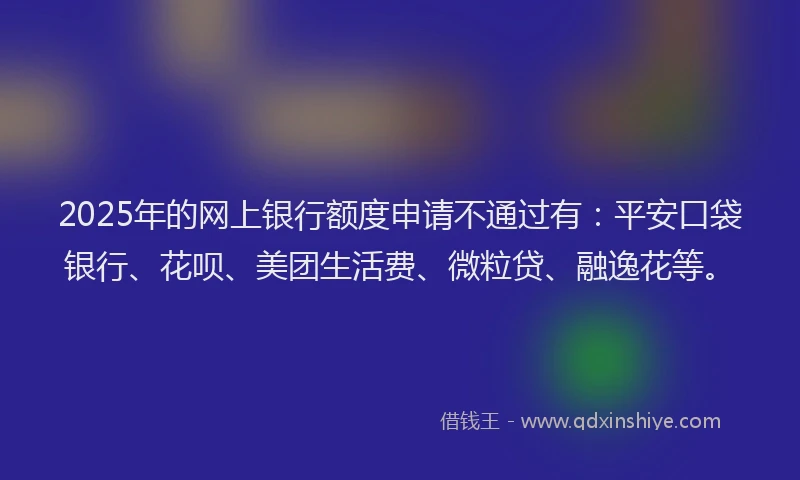 2025年的网上银行额度申请不通过有：平安口袋银行、花呗、美团生活费、微粒贷、融逸花等。