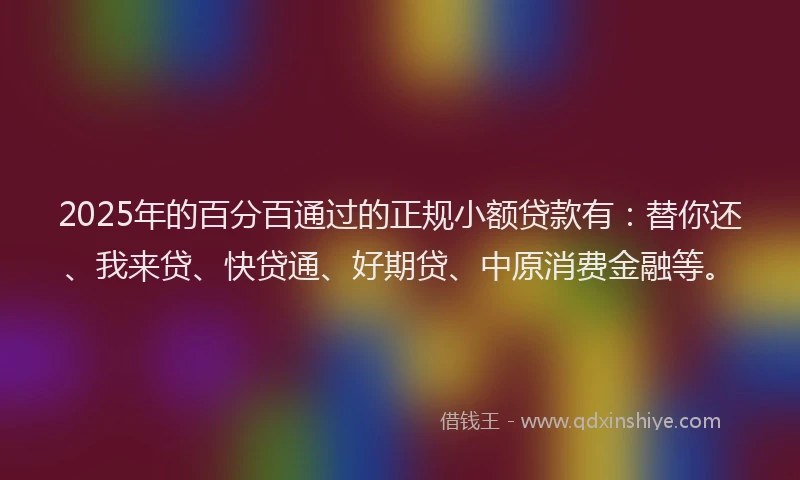 2025年的百分百通过的正规小额贷款有：替你还、我来贷、快贷通、好期贷、中原消费金融等。