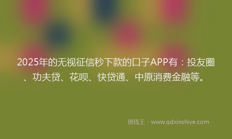 2025年的无视征信秒下款的口子APP有：投友圈、功夫贷、花呗、快贷通、中原消费金融等。