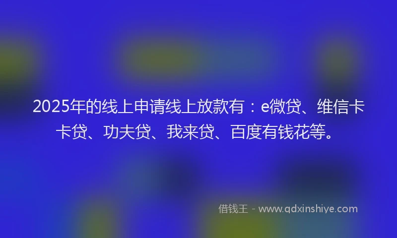 2025年的线上申请线上放款有：e微贷、维信卡卡贷、功夫贷、我来贷、百度有钱花等。