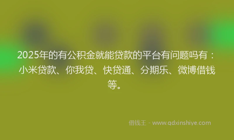 2025年的有公积金就能贷款的平台有问题吗有：小米贷款、你我贷、快贷通、分期乐、微博借钱等。