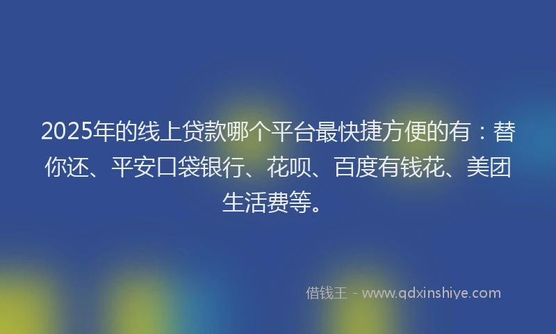 2025年的线上贷款哪个平台最快捷方便的有：替你还、平安口袋银行、花呗、百度有钱花、美团生活费等。