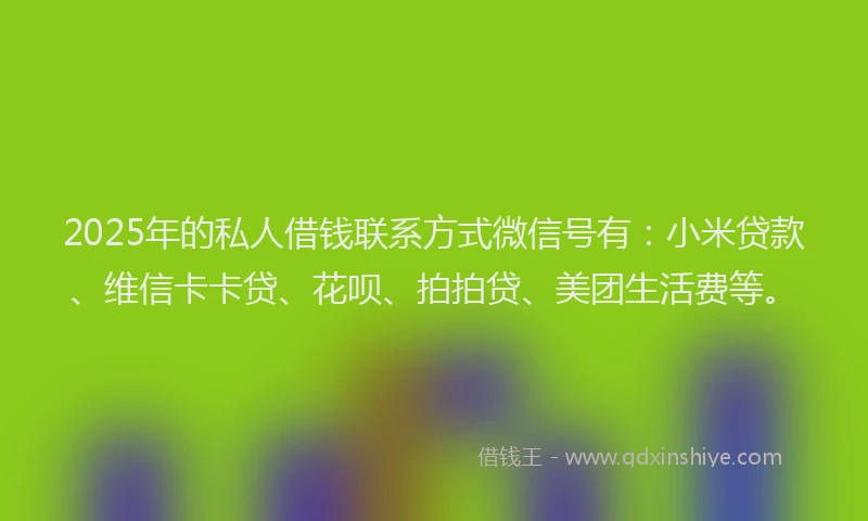 2025年的私人借钱联系方式微信号有：小米贷款、维信卡卡贷、花呗、拍拍贷、美团生活费等。