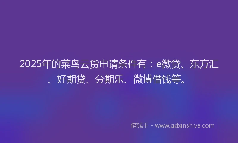 2025年的菜鸟云货申请条件有：e微贷、东方汇、好期贷、分期乐、微博借钱等。