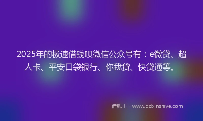 2025年的极速借钱呗微信公众号有：e微贷、超人卡、平安口袋银行、你我贷、快贷通等。