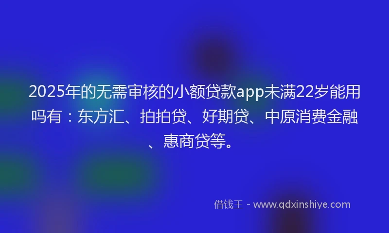 2025年的无需审核的小额贷款app未满22岁能用吗有：东方汇、拍拍贷、好期贷、中原消费金融、惠商贷等。