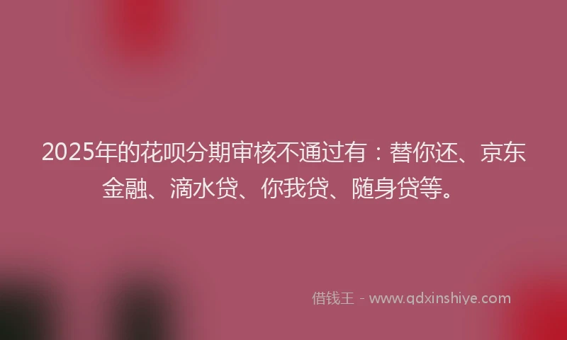 2025年的花呗分期审核不通过有：替你还、京东金融、滴水贷、你我贷、随身贷等。