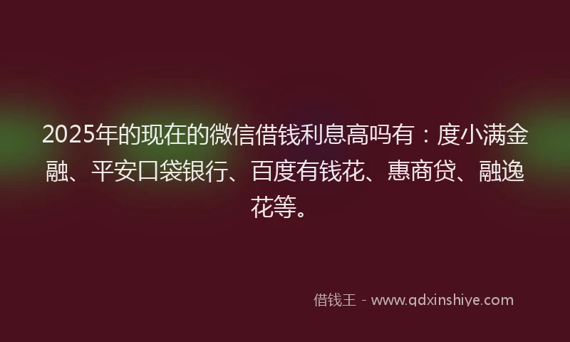2025年的现在的微信借钱利息高吗有：度小满金融、平安口袋银行、百度有钱花、惠商贷、融逸花等。
