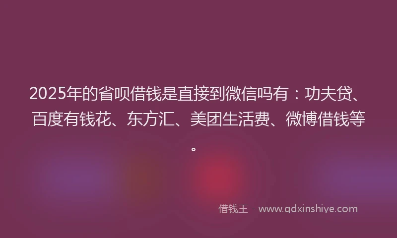 2025年的省呗借钱是直接到微信吗有：功夫贷、百度有钱花、东方汇、美团生活费、微博借钱等。