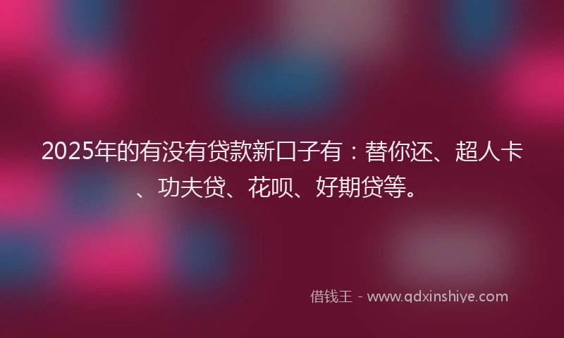 2025年的有没有贷款新口子有：替你还、超人卡、功夫贷、花呗、好期贷等。